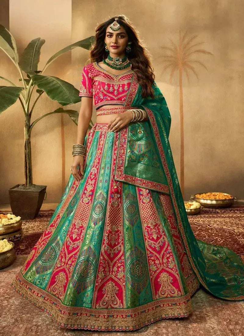 Firozi And Pink Colour Banarasi Silk Bridal Lehenga Choli