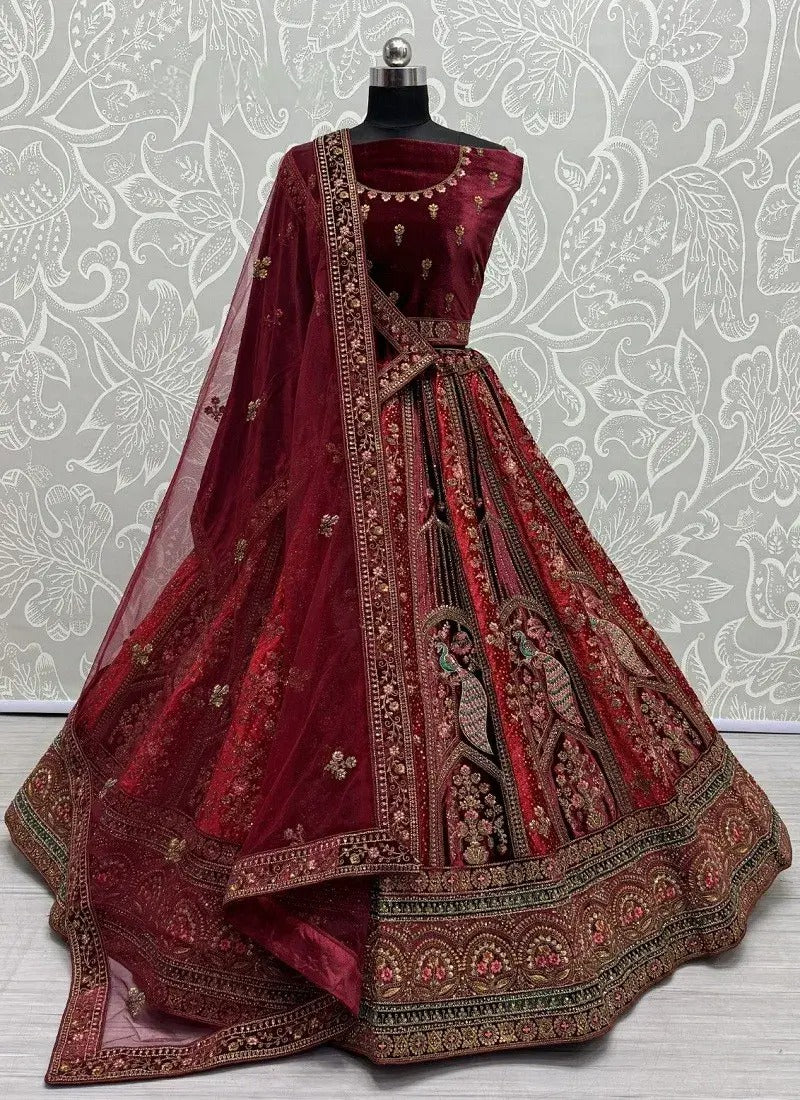 Maroon Multi-Colour Velvet Embroidery Bridal Lehenga Choli