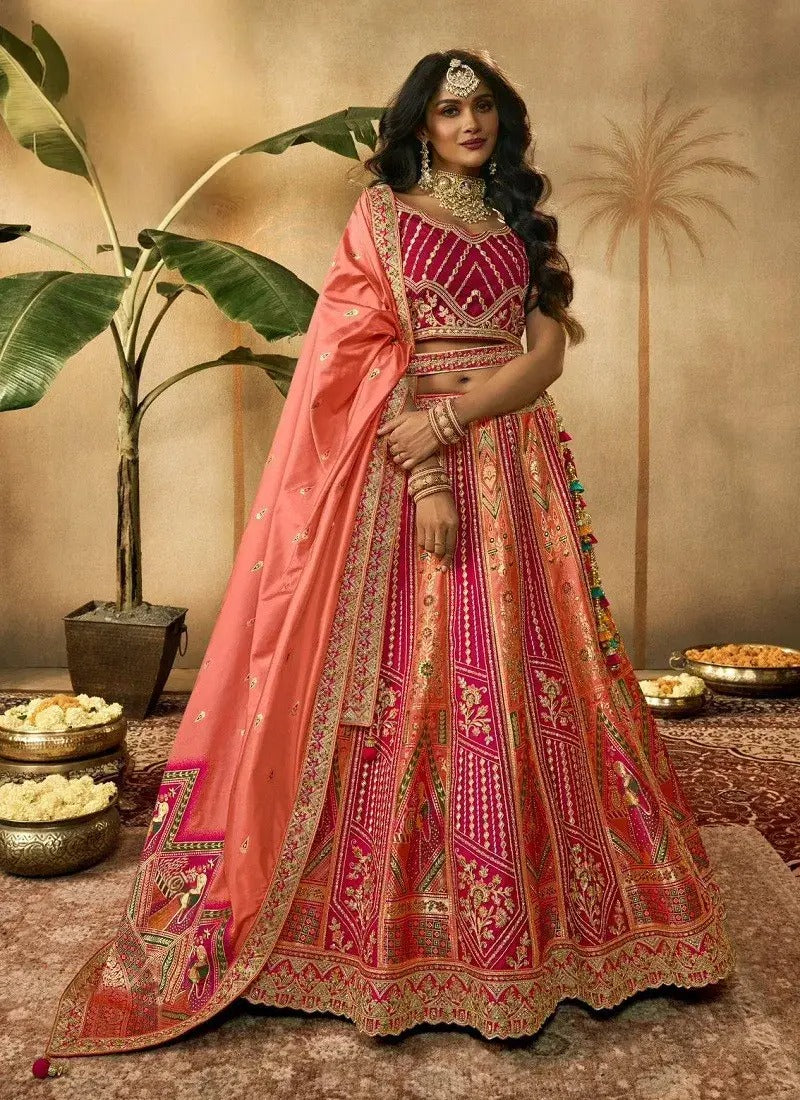 Peach And Pink Colour Banarasi Silk Bridal Lehenga Choli