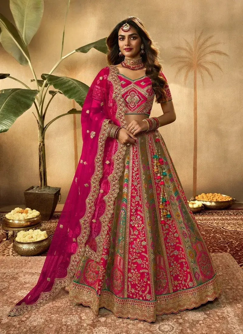 Pink And Green Colour Banarasi Silk Bridal Lehenga Choli