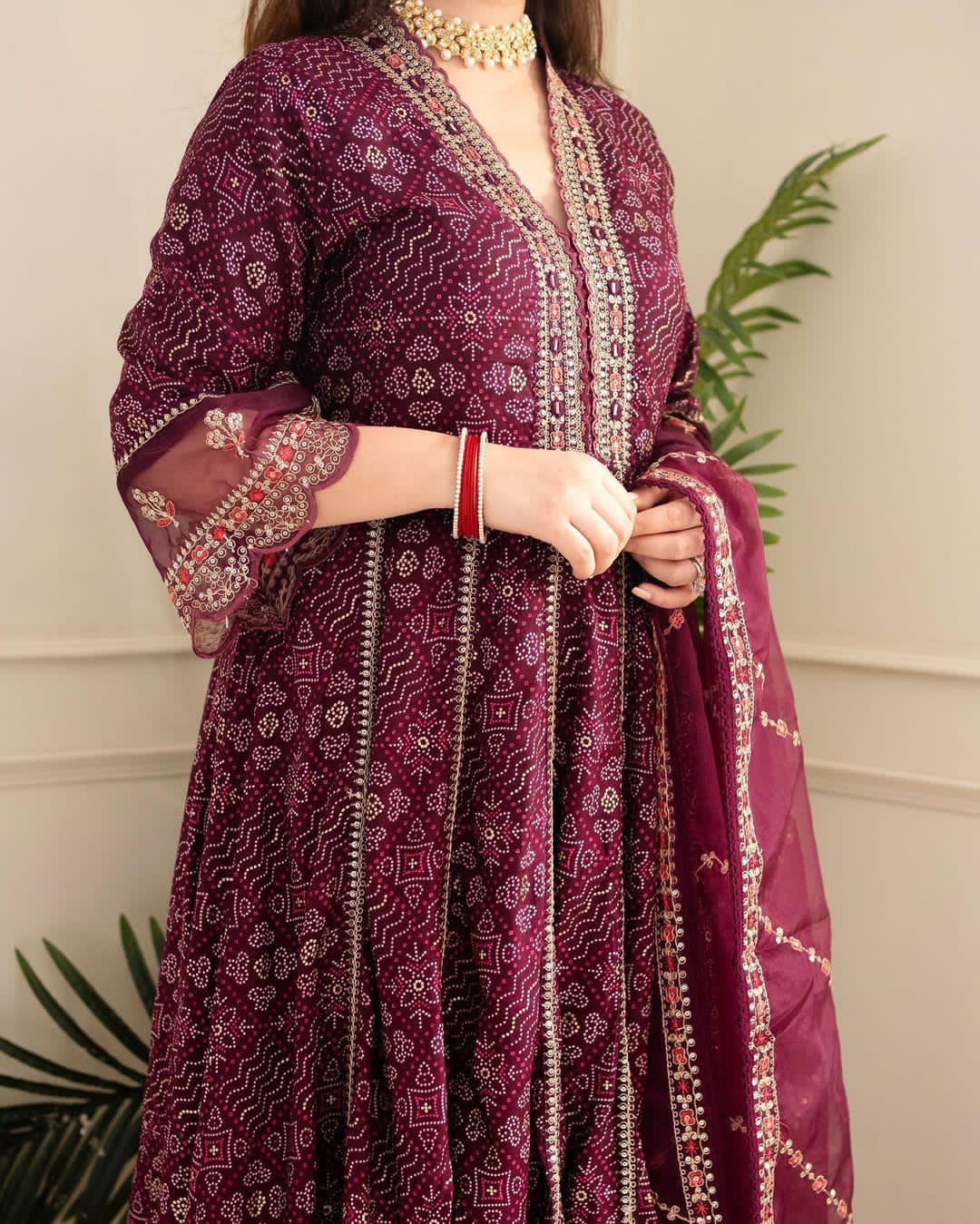 Anarkali Pant Dupatta Wine