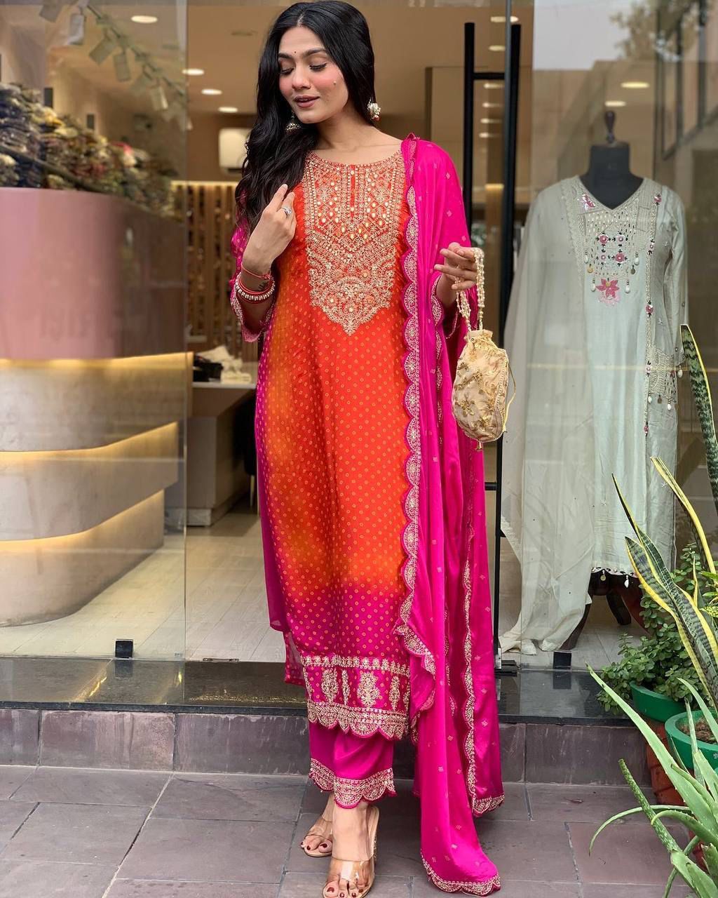 Beautiful Pure Chinnon With Heavy Embroidery suit set