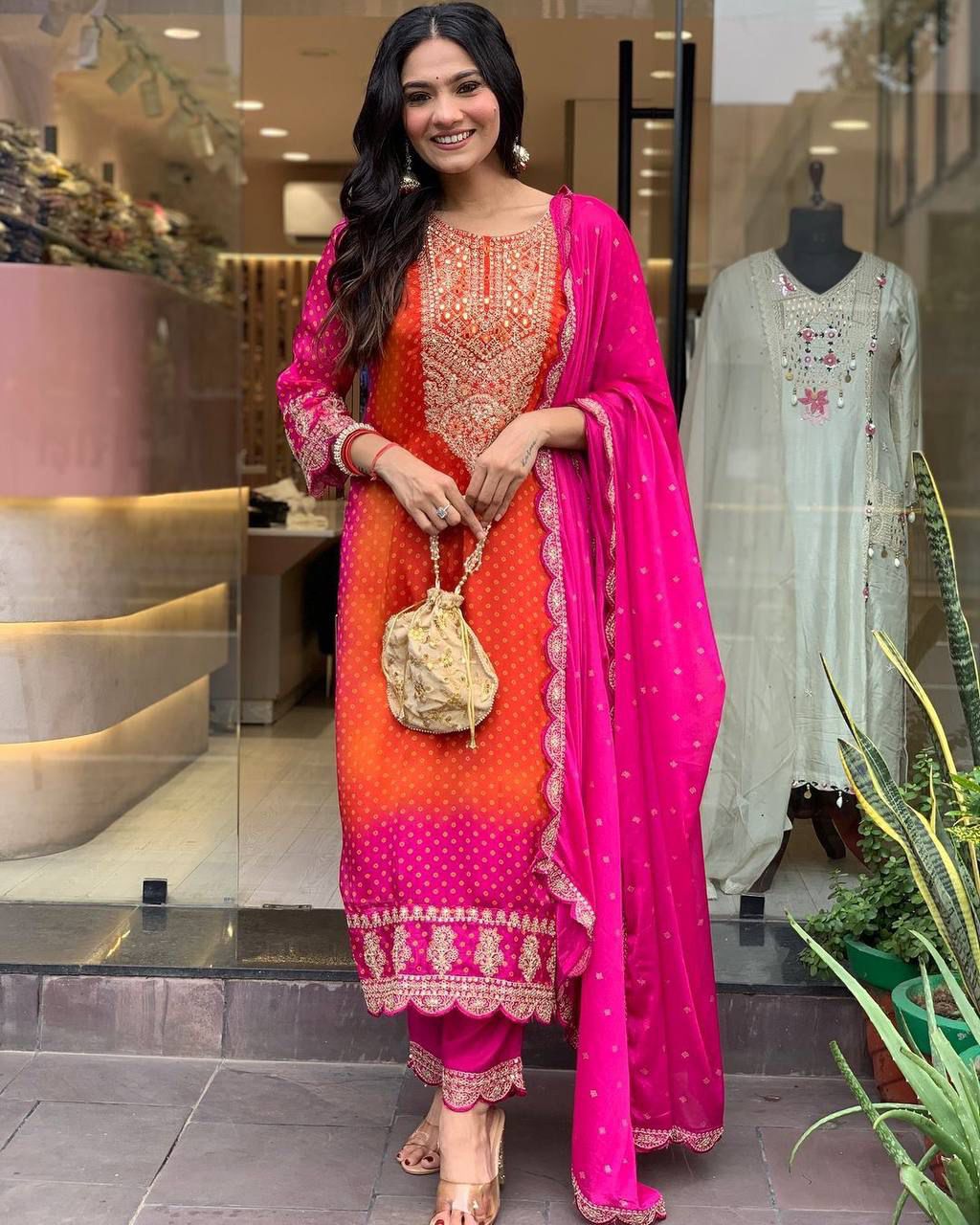 Beautiful Pure Chinnon With Heavy Embroidery suit set