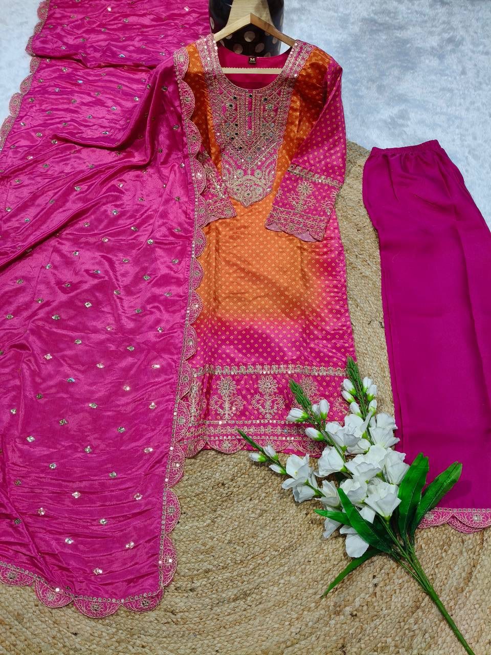 Beautiful Pure Chinnon With Heavy Embroidery suit set