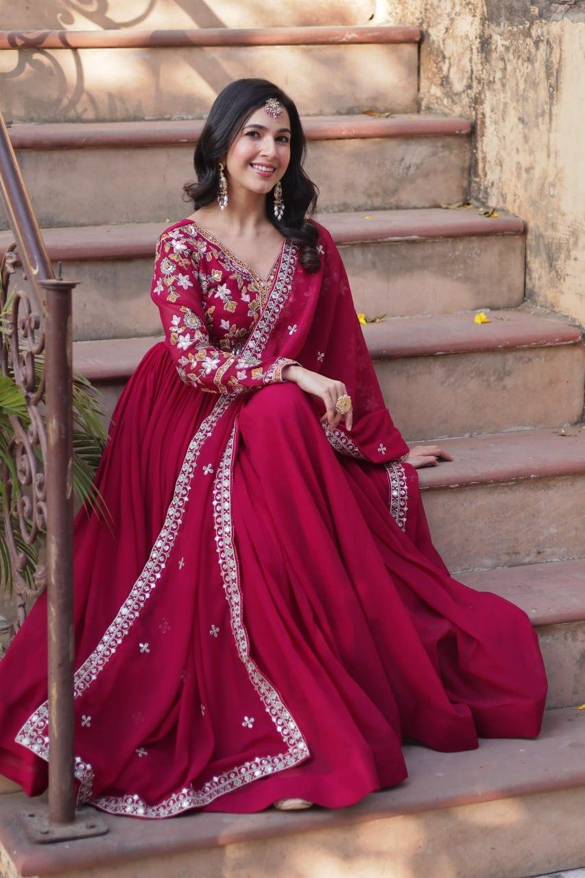 Embroidery Zari Sequins work Gown Rani Pink