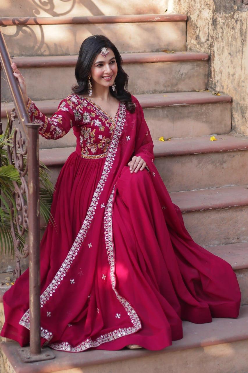 Embroidery Zari Sequins work Gown Rani Pink
