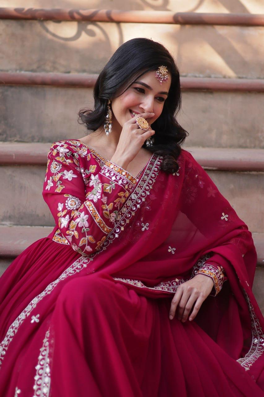 Embroidery Zari Sequins work Gown Rani Pink