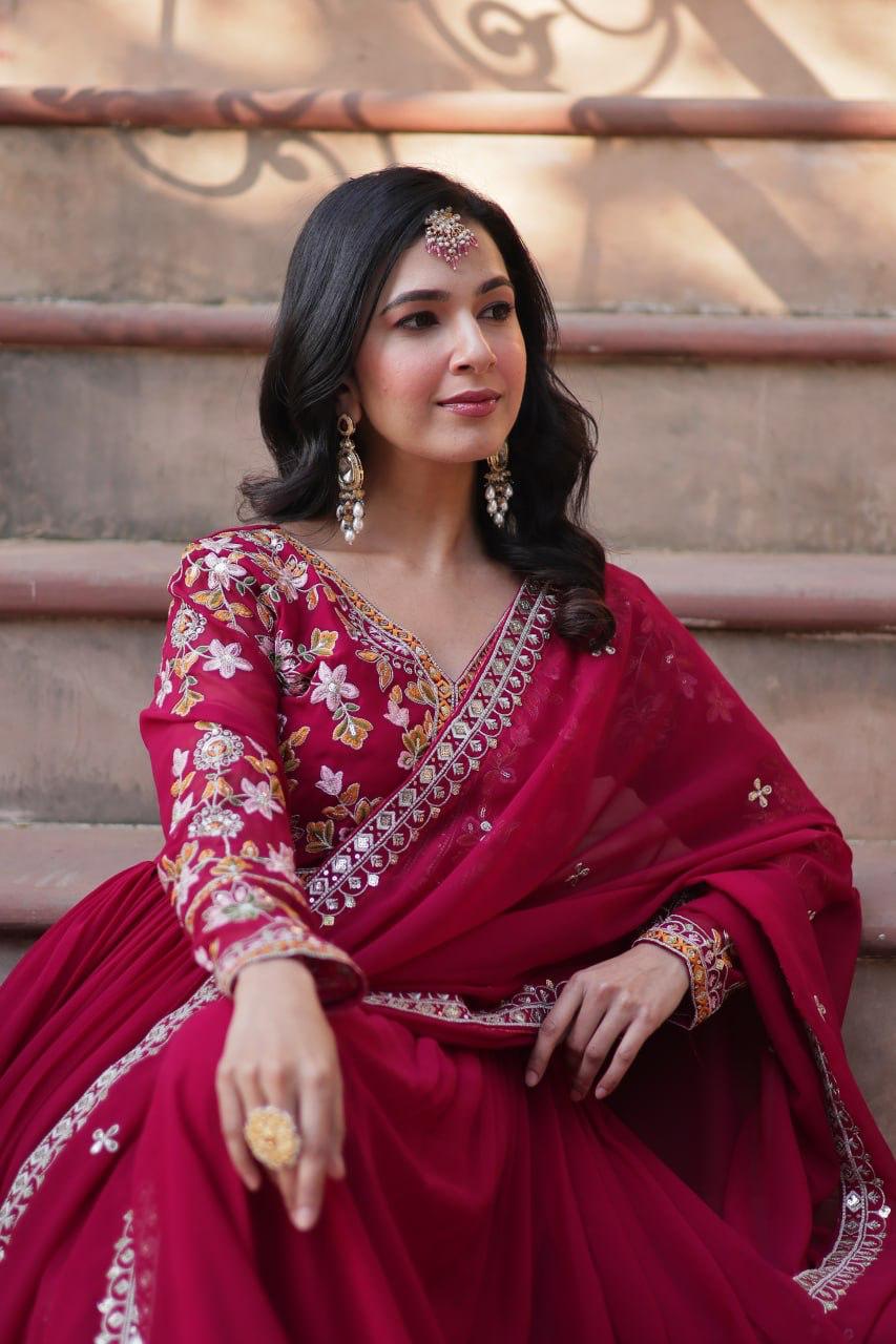 Embroidery Zari Sequins work Gown Rani Pink
