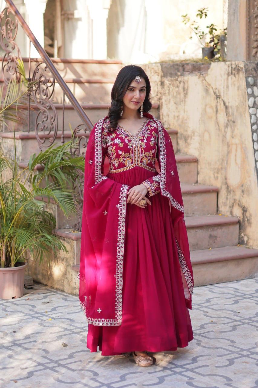 Embroidery Zari Sequins work Gown Rani Pink