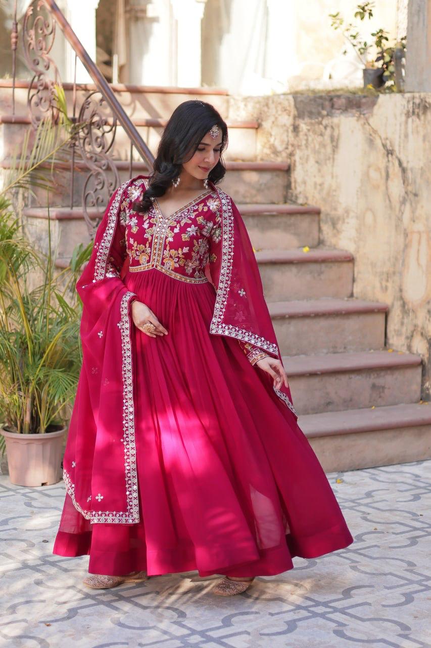 Embroidery Zari Sequins work Gown Rani Pink