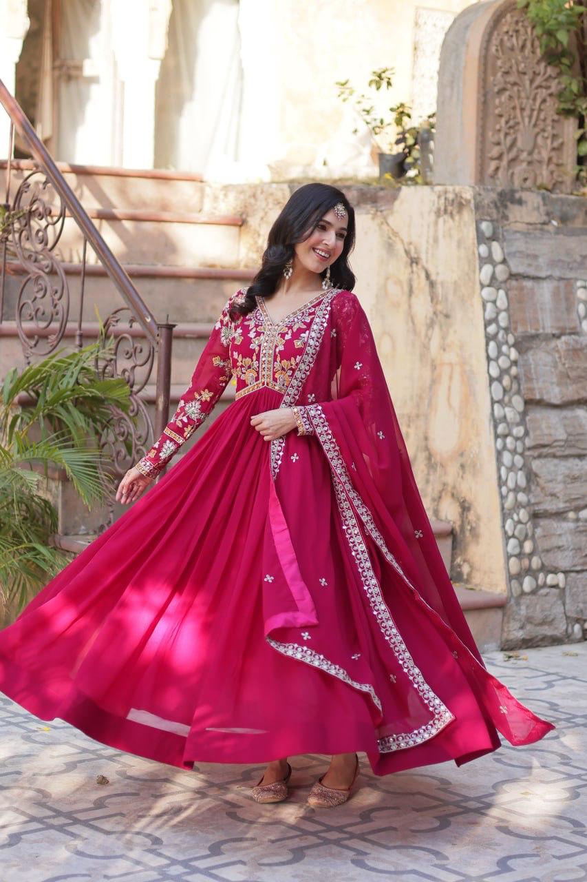 Embroidery Zari Sequins work Gown Rani Pink