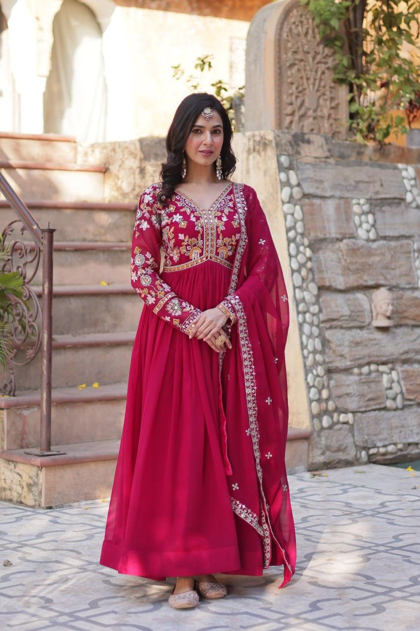 Embroidery Zari Sequins work Gown Rani Pink