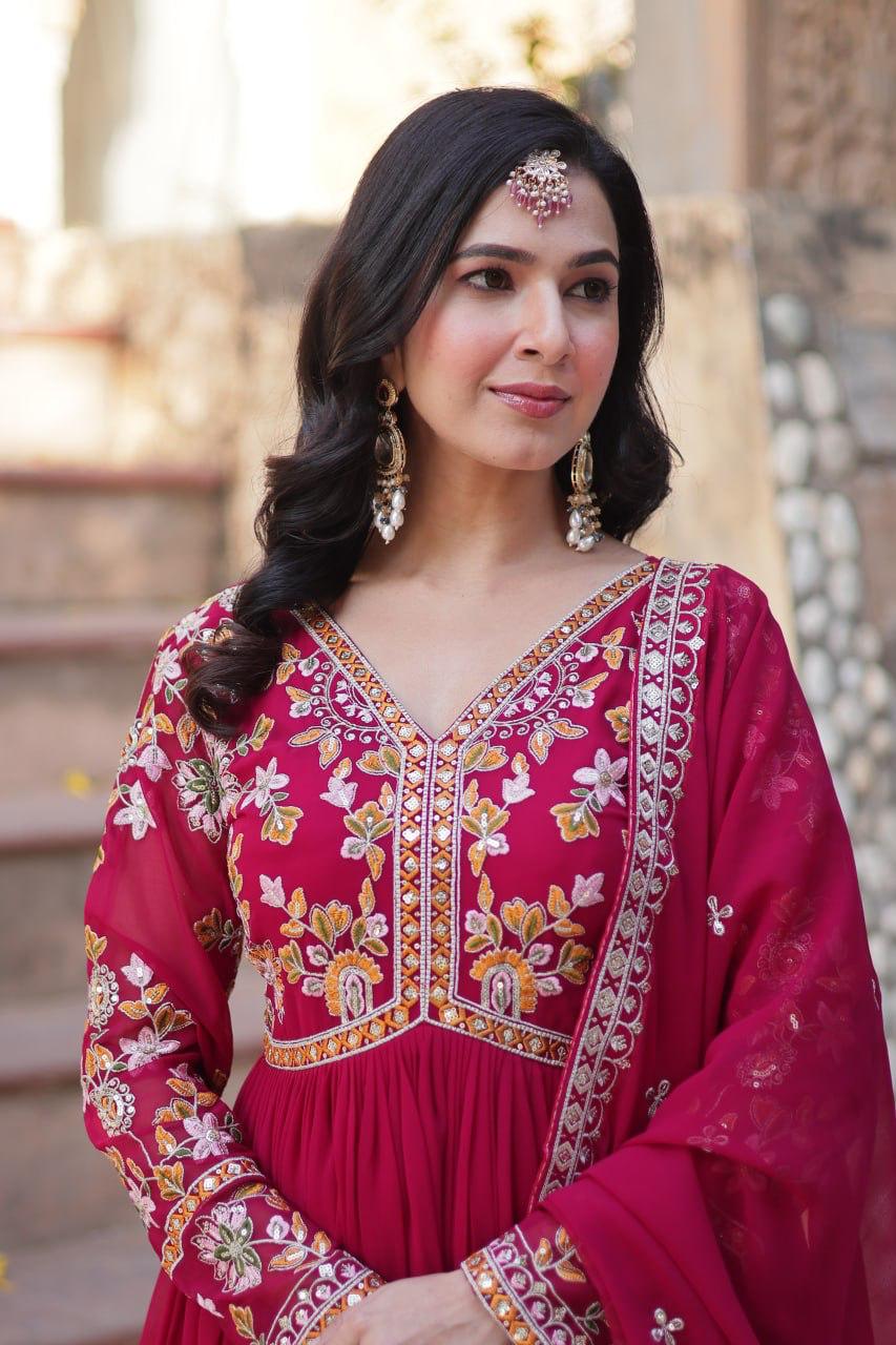 Embroidery Zari Sequins work Gown Rani Pink