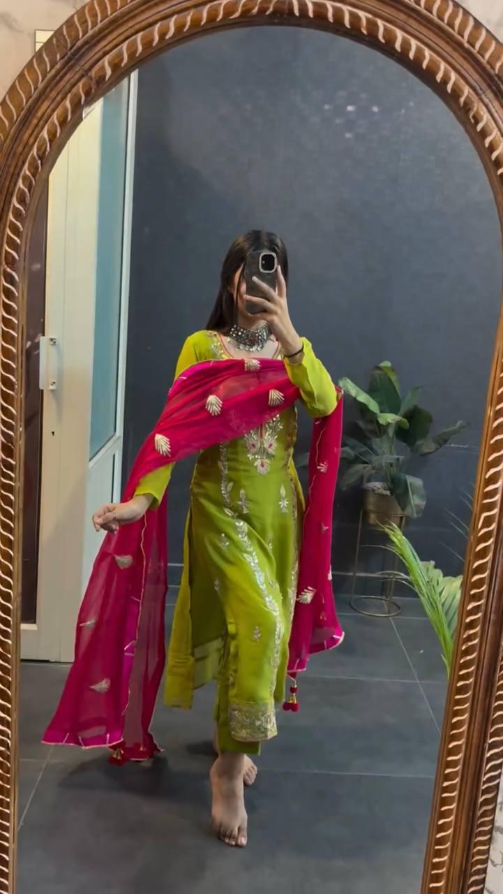 Chinnon Silk Suit Set With Heavy Embroidery-Sequence Work