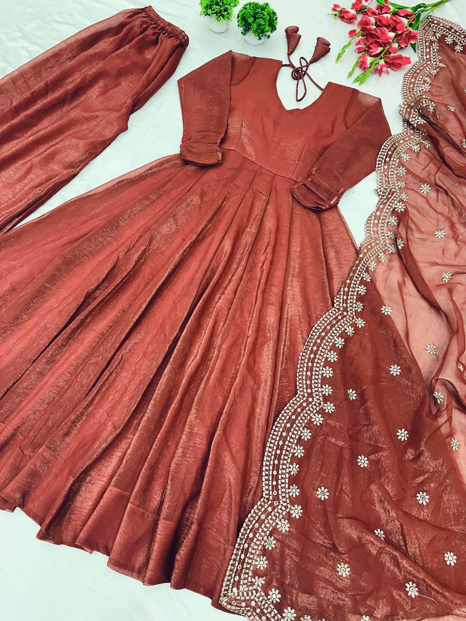 Designer Party Wear Anarkali Gown Set Brown