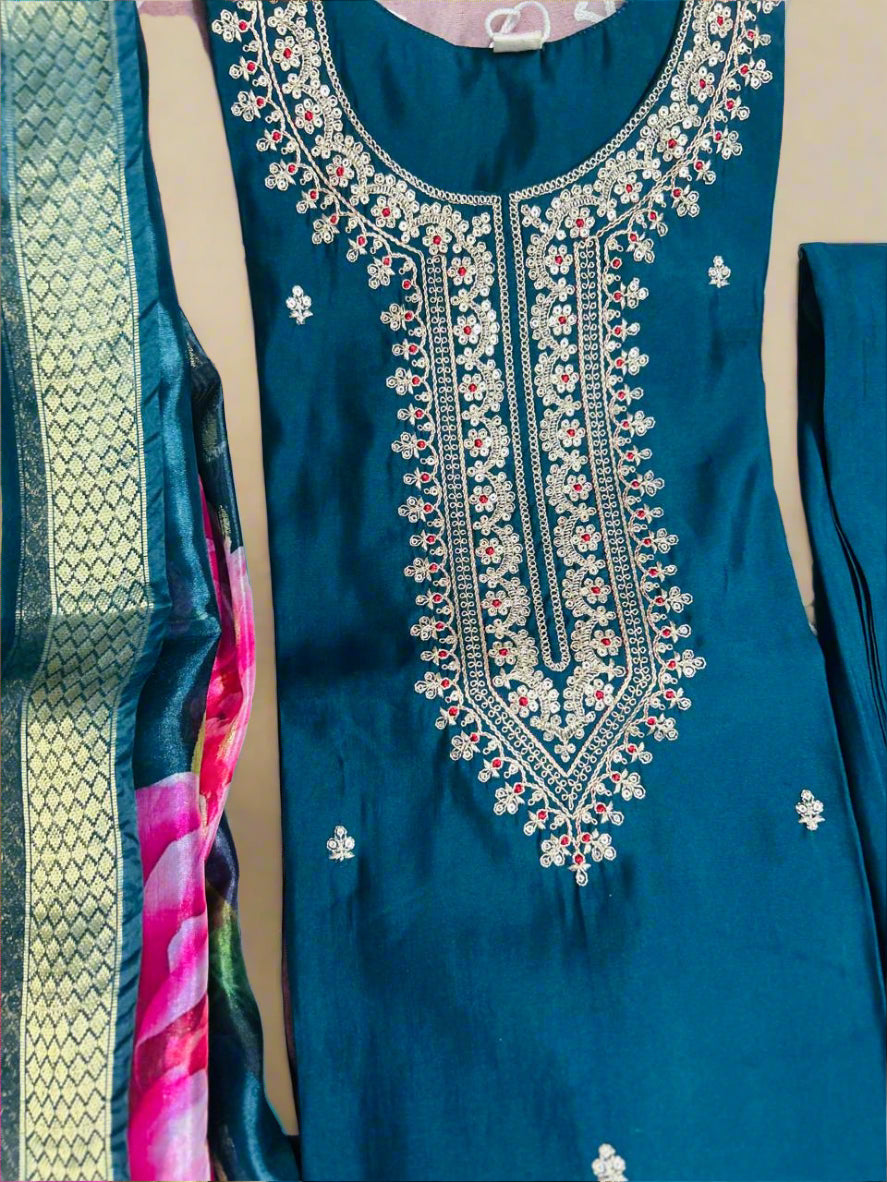 Silk Blend Attractive suit with Organza Dupatta