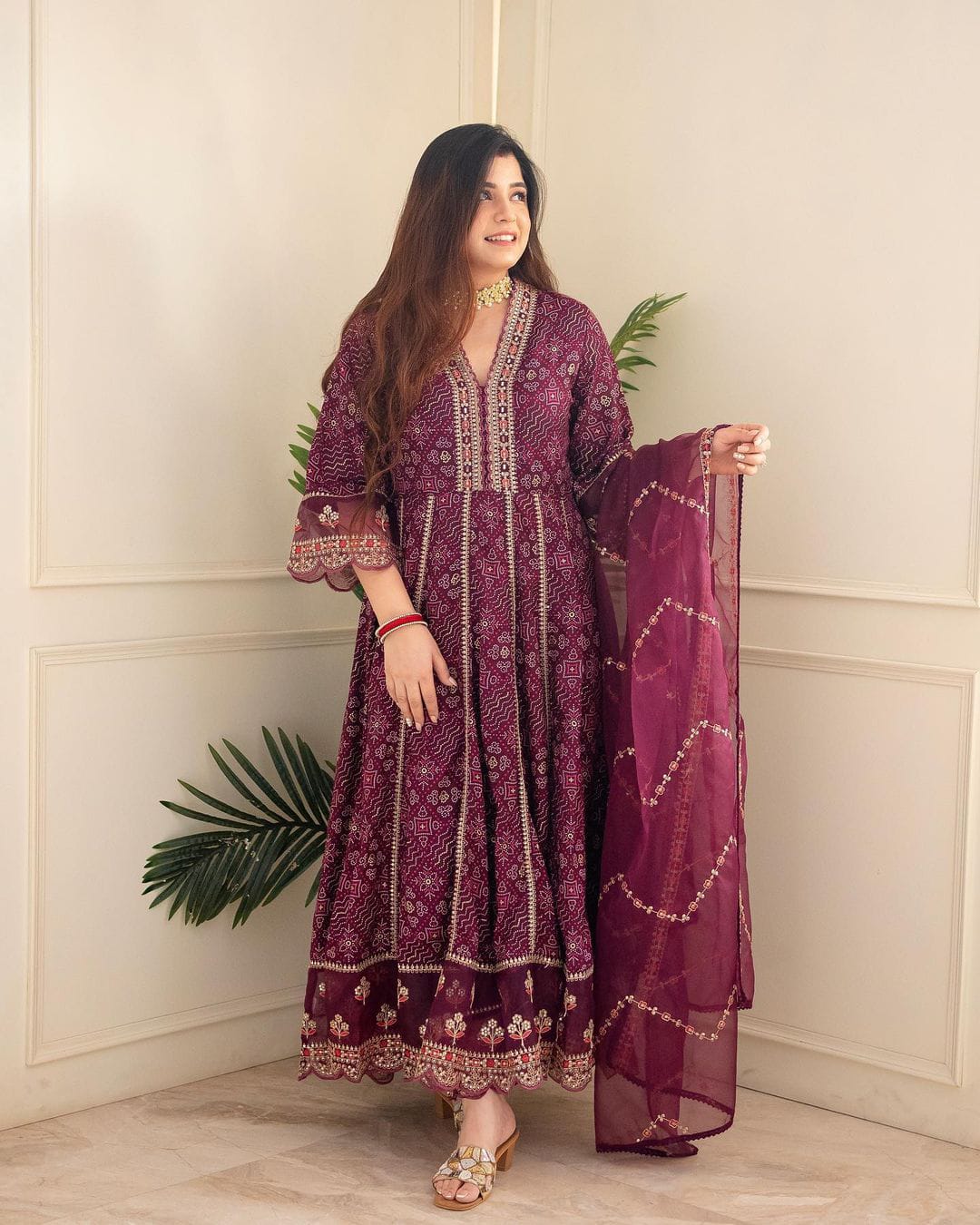Anarkali Pant Dupatta Wine