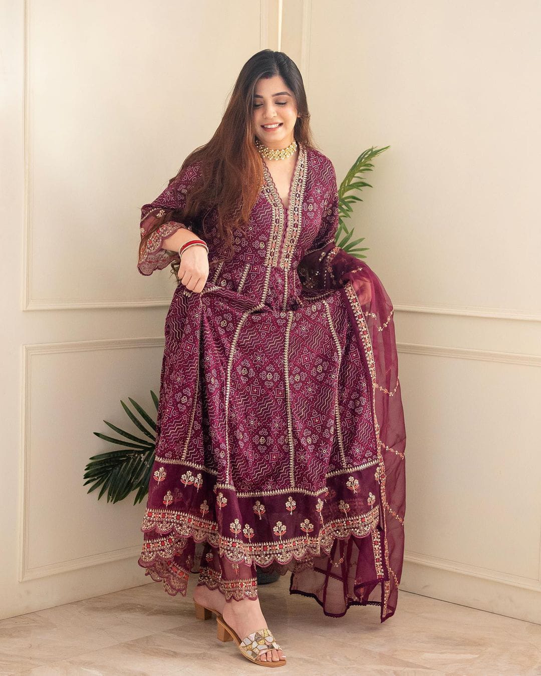 Anarkali Pant Dupatta Wine