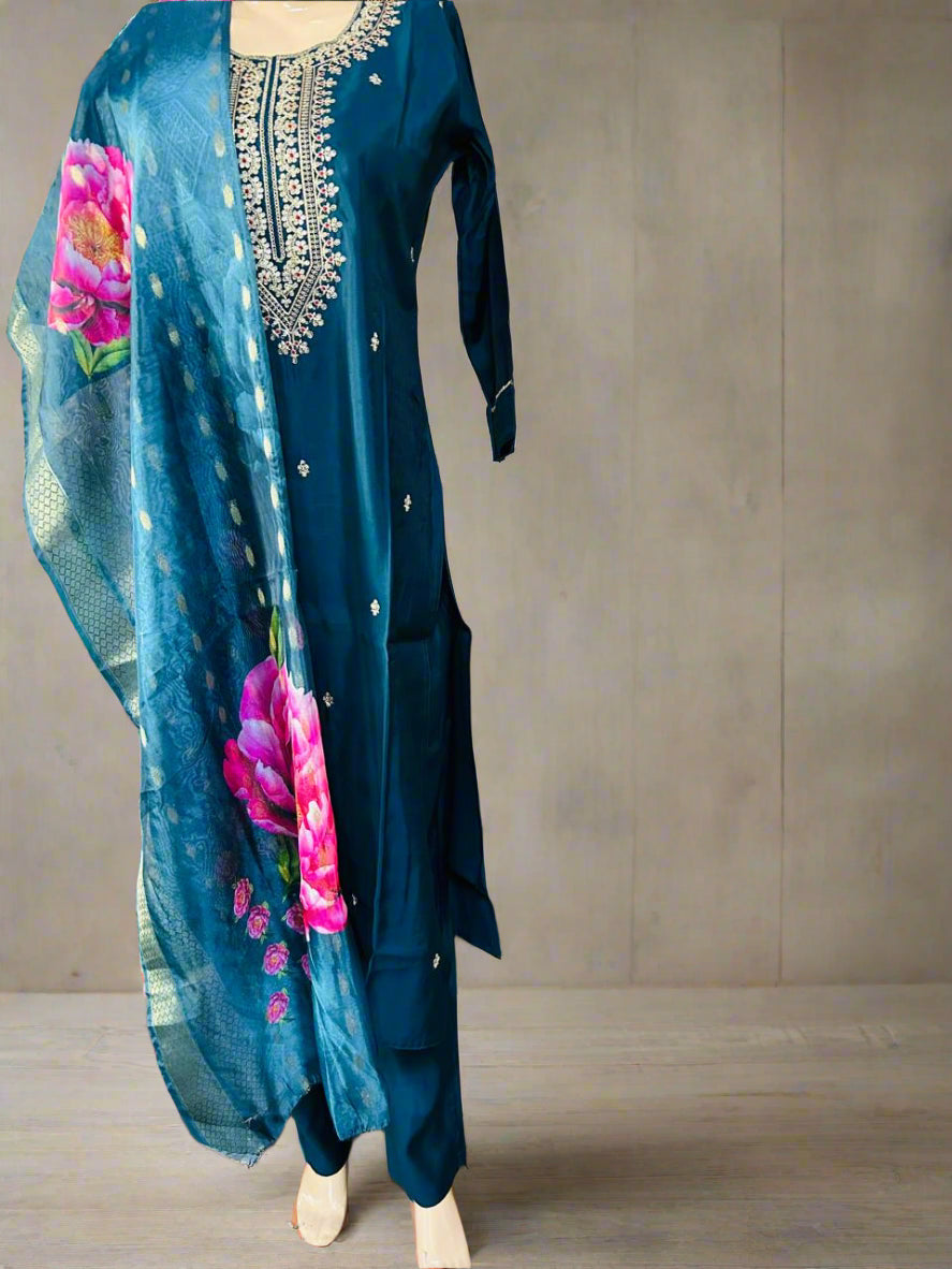 Silk Blend Attractive suit with Organza Dupatta