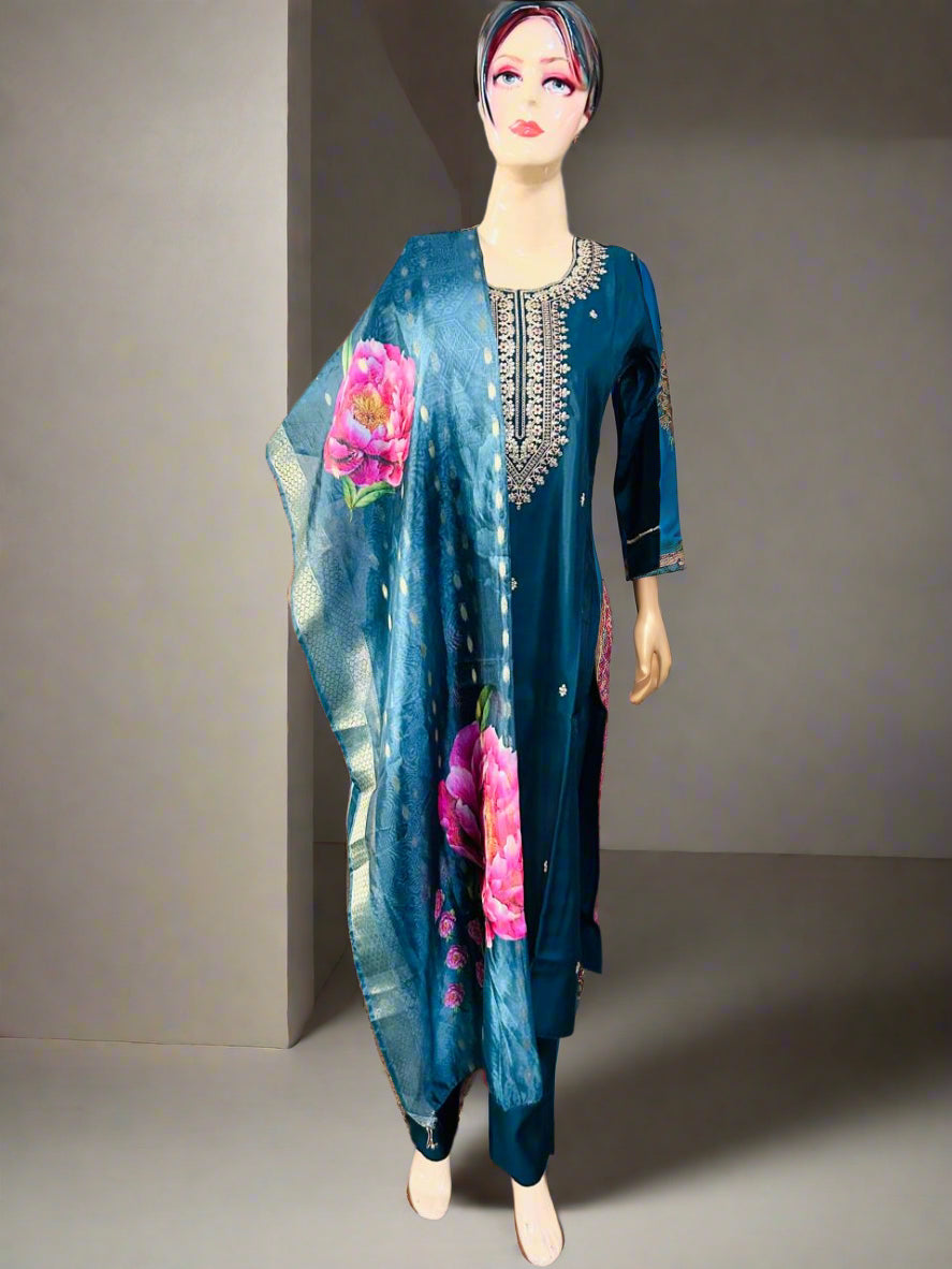 Silk Blend Attractive suit with Organza Dupatta