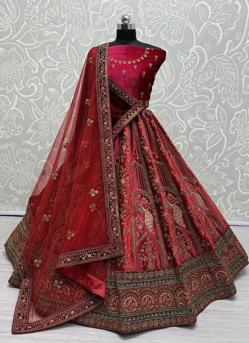 Light Red Multi-Colour Velvet Embroidery Bridal Lehenga Choli
