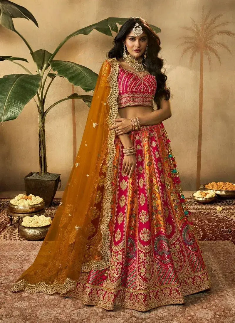 Mustard And Pink Colour Banarasi Silk Bridal Lehenga Choli