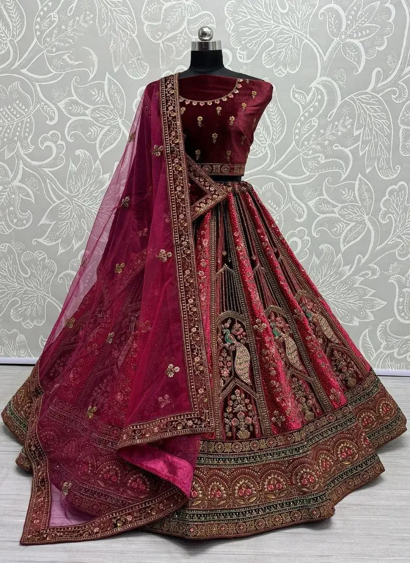 Pink Multi-Colour Velvet Embroidery Bridal Lehenga Choli