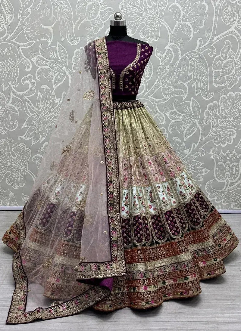 Purple Multi-Colour Silk Embroidery Bridal Lehenga Choli