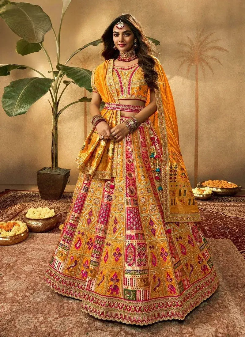 Yellow And Pink Colour Banarasi Silk Bridal Lehenga Choli