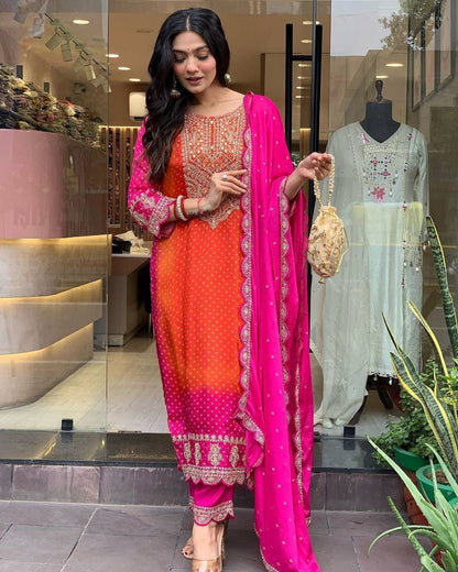 Beautiful Pure Chinnon With Heavy Embroidery suit set