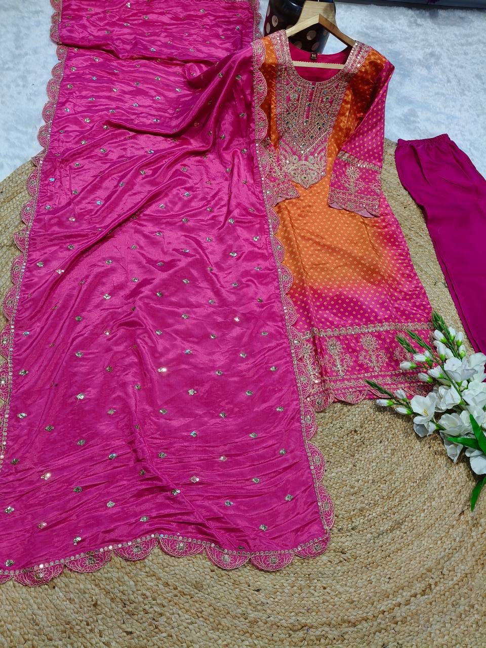 Beautiful Pure Chinnon With Heavy Embroidery suit set
