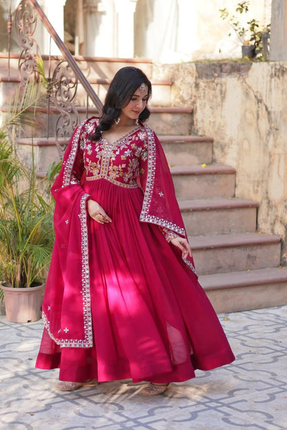 Embroidery Zari Sequins work Gown Rani Pink