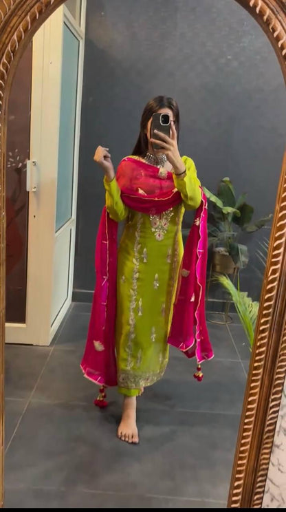 Chinnon Silk Suit Set With Heavy Embroidery-Sequence Work