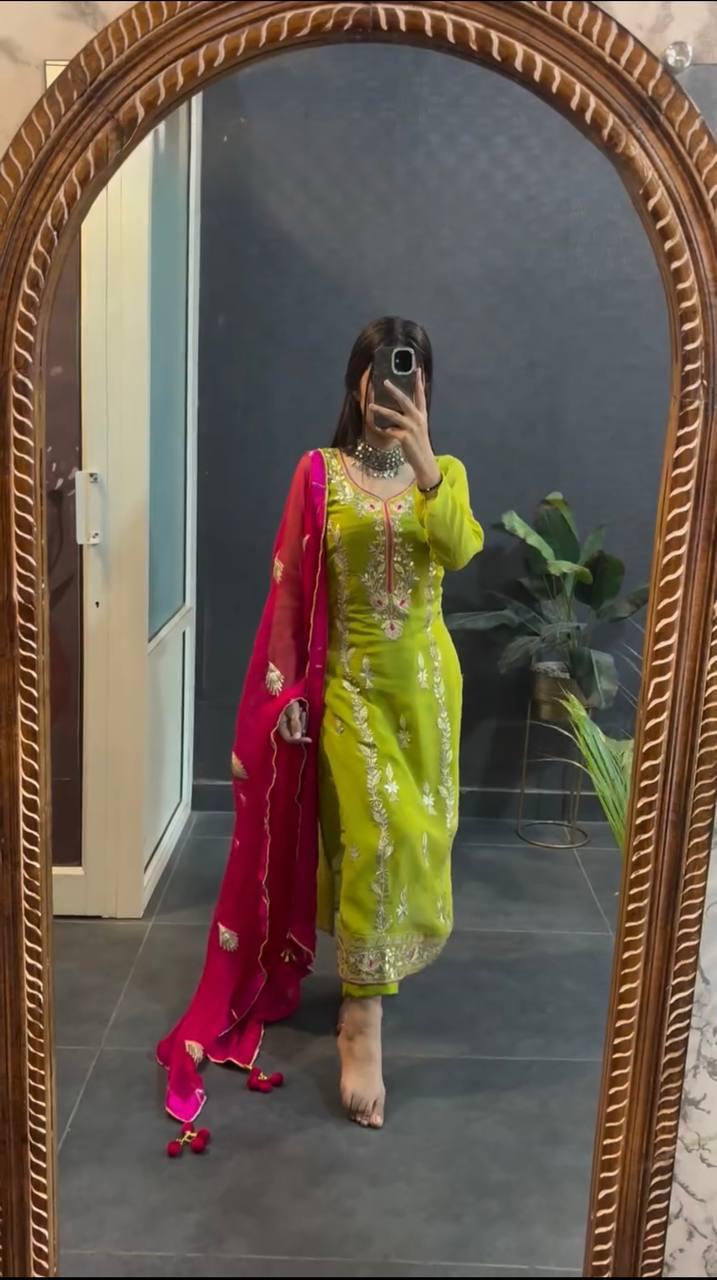 Chinnon Silk Suit Set With Heavy Embroidery-Sequence Work