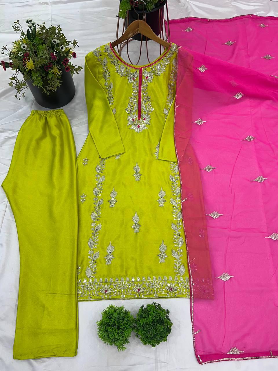 Chinnon Silk Suit Set With Heavy Embroidery-Sequence Work