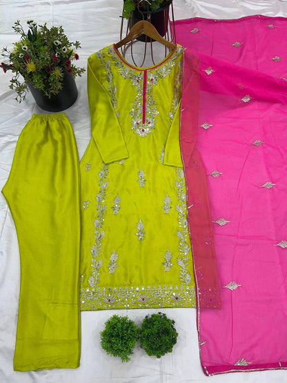 Chinnon Silk Suit Set With Heavy Embroidery-Sequence Work