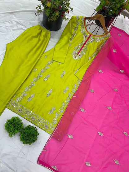 Chinnon Silk Suit Set With Heavy Embroidery-Sequence Work