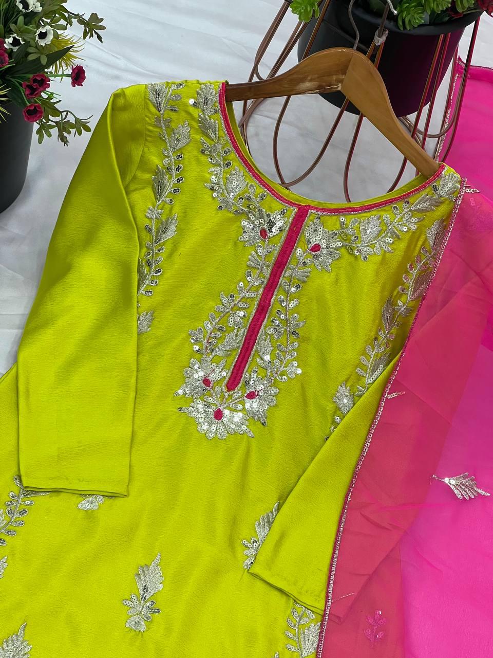 Chinnon Silk Suit Set With Heavy Embroidery-Sequence Work