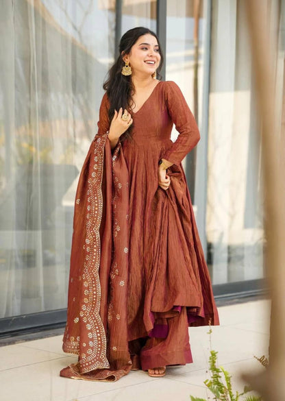Designer Party Wear Anarkali Gown Set Brown