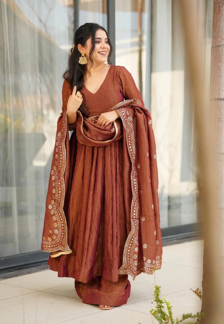 Designer Party Wear Anarkali Gown Set Brown