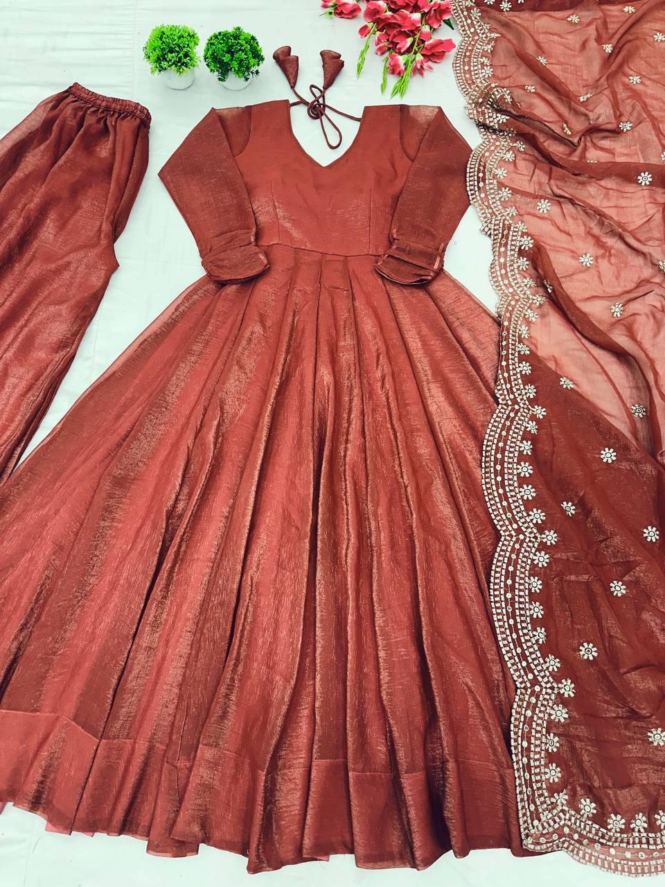 Designer Party Wear Anarkali Gown Set Brown