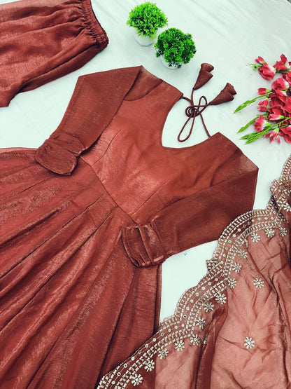 Designer Party Wear Anarkali Gown Set Brown